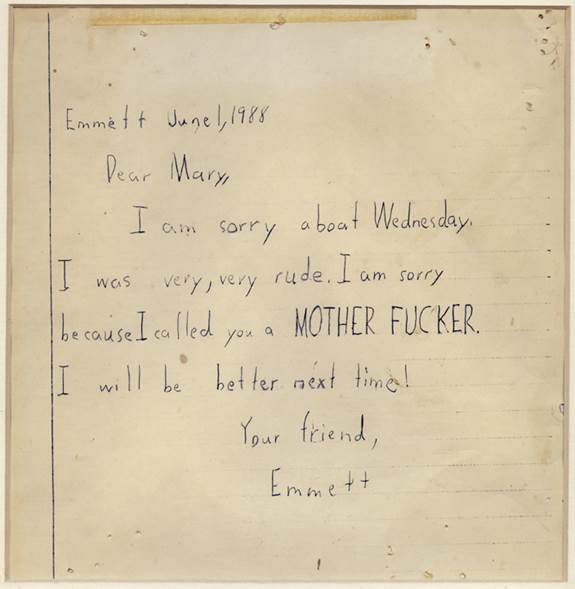 A note written from Mann's son Emmett to a friend in 1988
